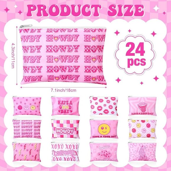 24 Pcs Preppy Cosmetic Bags Pink Makeup Pouches Bulk Cute Cosmetic Pouch with Zi - Picture 2 of 7